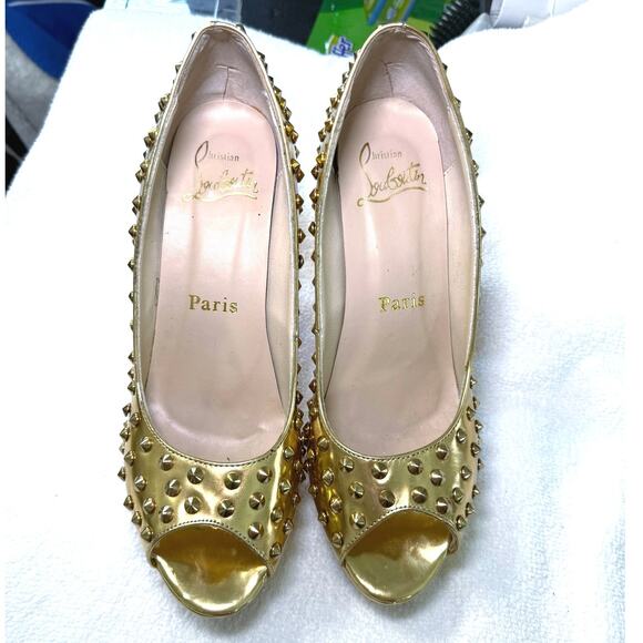 CHRISTIAN LOUBOUTIN Specchio Lady Peep Spikes 150 Pumps Gold Sz 40 9.5 Stiletto - Picture 5 of 7